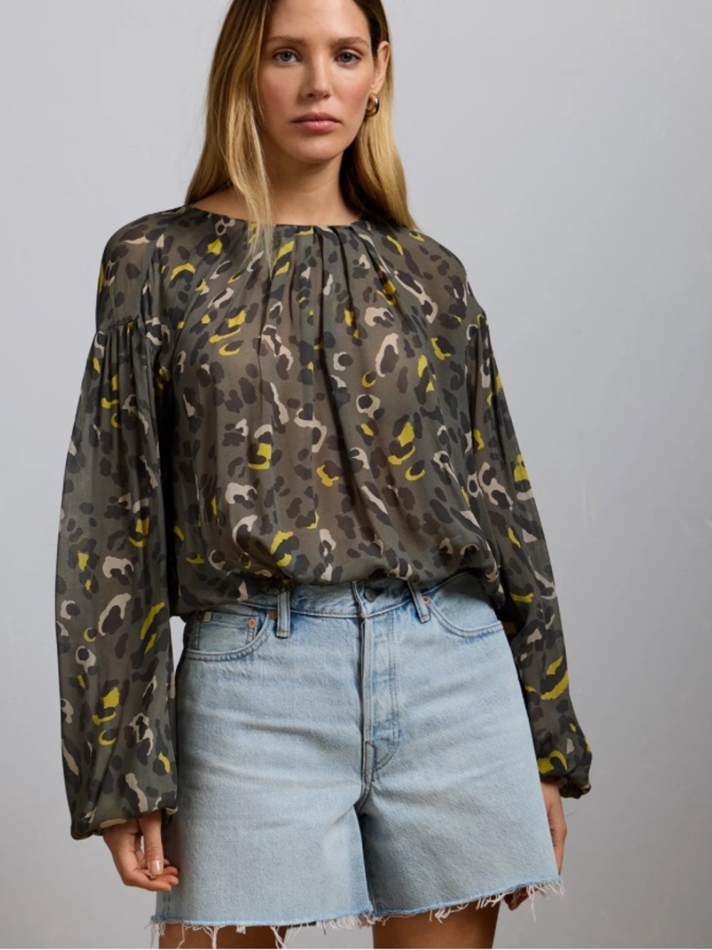 2025 AE77 Premium Bubble Blouse  Semi Sheer Animal print - Olive Multi M